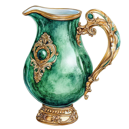emerald green, gold, ornate, vintage, elegant, luxurious, baroque, decorative pitcher, botanical, classical, ornamental, jewel tones, malachite green, rich green, traditional, sophisticated, antique, ornate handle, gemstone, luxury, heritage, timeless, formal, decorative arts, regency, Victorian, precious metals