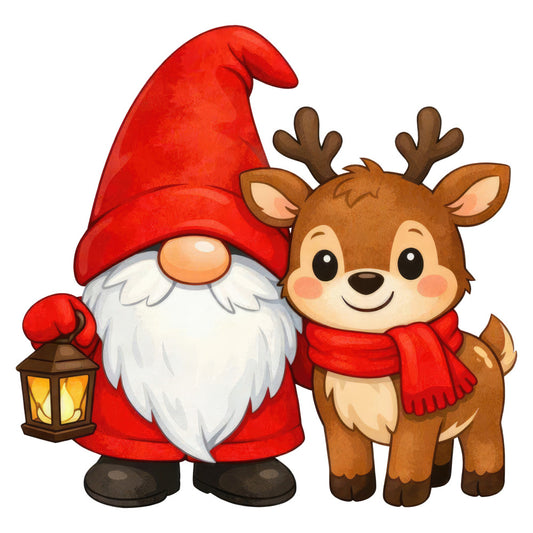 christmas, holiday, gnome, reindeer, santa, red, white, brown, cream, tan, festive, whimsical, cute, cheerful, seasonal, winter, christmas gnome, rudolf, antique red, winter holiday, lantern, jolly, traditional, playful, children's, family friendly, nostalgia, retro, decorative, panel design