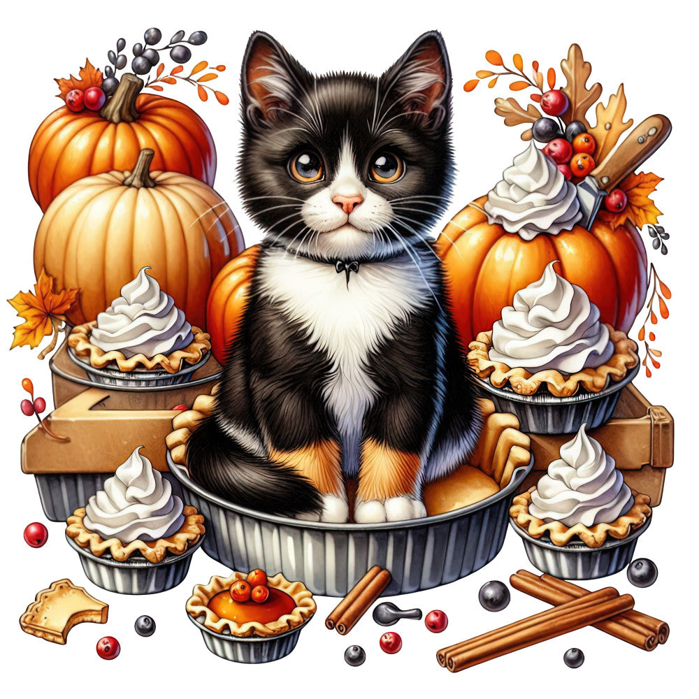 black and white cat, orange pumpkin, autumn, fall, halloween, thanksgiving, pumpkin pie, whimsical, cute animals, cream, burnt orange, golden yellow, deep red, cinnamon, spiced, dessert, baked goods, cupcakes, pies, cinnamon sticks, berries, oak leaves, harvest, seasonal, festive, woodland, folk art, decorative, home decor, wall hanging