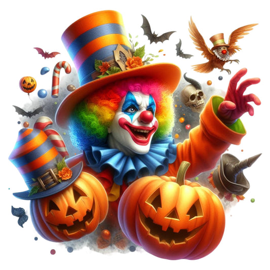 halloween clown, autumn, fall, orange pumpkin, jack-o-lantern, colorful, rainbow colors, blue, red, orange, yellow, green, purple, festive, holiday, whimsical, playful, spooky, bat, skull, candy cane, striped, top hat, clown face, costume, trick-or-treat, decorative panel, wall hanging, novelty print, vibrant colors