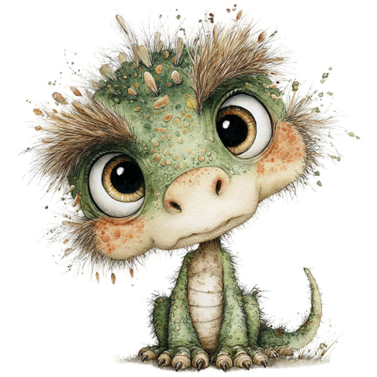 sage green, cream, tan, brown, amber gold, speckled, animal, dinosaur, reptile, whimsical, cute, childlike, playful, illustrated, fantasy, nature-inspired, quirky, modern, baby, nursery, children's, fun, vibrant, character panel, textured, spotted, scaly, long neck, big eyes, expressive