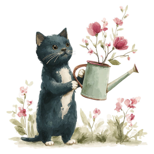 dark teal cat, black cat, dusty rose, sage green, cream, floral, nature, animals, cats, whimsical, garden, spring, watering can, pink flowers, botanical, vintage, cottage core, folk art, delicate florals, nature lover, cat lover, garden themed, soft watercolor, traditional, romantic, pastoral, gentle, peaceful, decorative panel