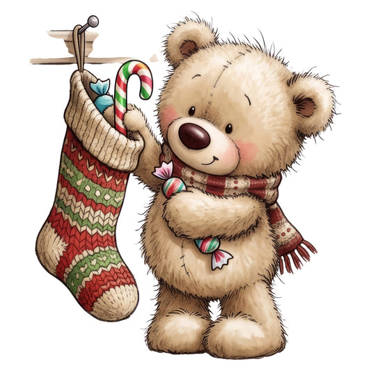 cream bear, teddy bear, christmas stocking, holiday, winter, red green cream, candy cane, striped stocking, whimsical, cute, adorable, children's, baby, nursery, festive, seasonal, christmas, plaid scarf, candy motif, woodland, traditional, sweet, playful, charming, decorative panel, wall hanging, holiday themed, red and green, ivory background