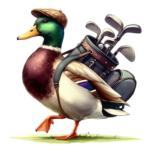 golf duck, mallard, sports theme, animal motif, green head, burgundy, cream, tan, brown, orange, gold clubs, plaid cap, vintage style, whimsical, humorous, novelty, cottage core, gentleman duck, athletic wear, country club, preppy, traditional, dapper animal, golf bag, nature inspired, farmhouse humor, character print, retro sporting, charming wildlife