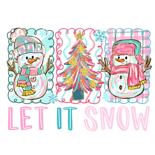 pink, aqua, teal, snowmen, christmas tree, winter, snowflakes, fabric panel, quilting, holiday, festive, whimsical, cartoon style, scarves, mittens, cheerful, plaid background, decorative borders, seasonal motif, craft fabric