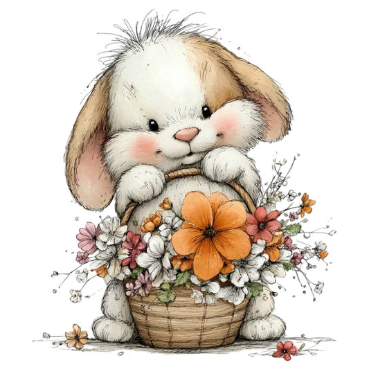 cute bunny, rabbit, flowers, floral, basket, spring, pastel colors, cream white, tan brown, coral pink, orange yellow, woodland animals, whimsical, children's, baby, nursery, sweet, adorable, nature, garden, daisy, cosmos, rustic, gentle, soft illustration, storybook, spring animals, gift, decorative panel, charming