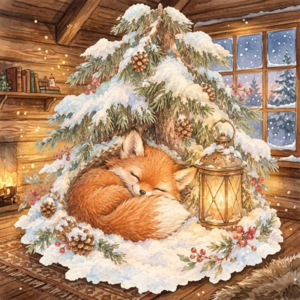 woodland fox, sleeping fox, winter scene, snow-covered tree, cozy cabin, holiday, christmas, forest green, cream, rust orange, warm gold, burnt orange, pinecones, red berries, evergreen, snowy, rustic, whimsical, farmhouse, nature, animals, wildlife, winter landscape, cabin aesthetic, cozy vibes, enchanted forest, magical, storybook illustration, vintage woodland, traditional
