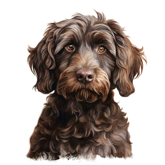 dog portrait, brown dog, chocolate brown, tan, cream, beige, realistic dog, spaniel, labradoodle, doodle dog, animal portrait, pet portrait, dog lover, canine, puppy, animals, nature themed, whimsical style, cute dog, friendly face, expressive eyes, dog breed, pet themed, home decor, wall art, decorative panel, traditional style, illustrated animals
