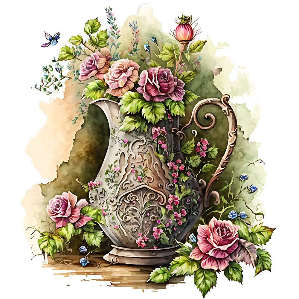 Watercolor Rose Vase Fabric Panel 1