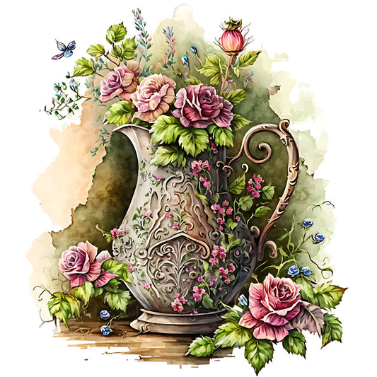 Watercolor Rose Vase Fabric Panel 1