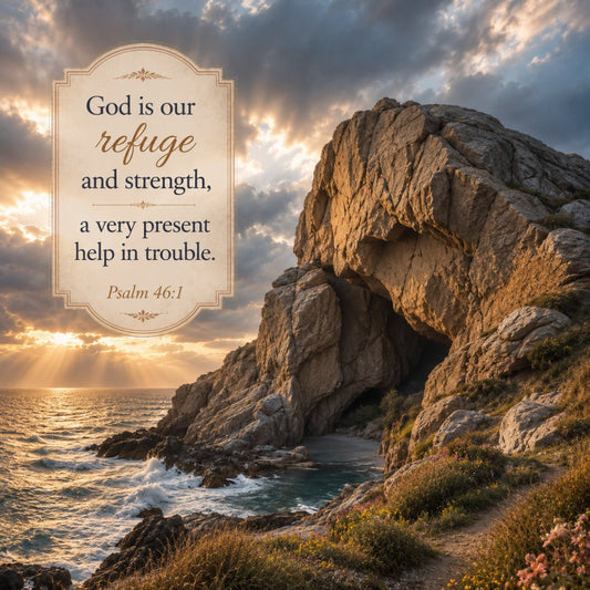spiritual, religious, inspirational, bible verse, psalm 46:1, god, faith, coastal, ocean, seascape, rocky cliffs, seaside, landscape, nature, golden hour, sunset, sunrise, dramatic sky, clouds, warm tones, gold, tan, cream, blue, teal, beige, rustic, elegant, traditional, peaceful