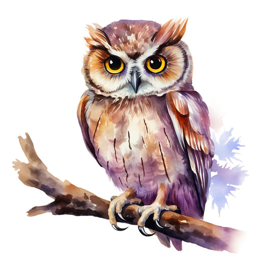 watercolor owl, purple feathers, orange accents, yellow eyes, brown branch, fabric panel, quilting cotton, bird artwork, nature design, soft pastels, woodland creature, feathered texture, perched owl, artistic rendering, craft fabric, sewing panel, animal motif, earth tones, lavender hues, rustic branch
