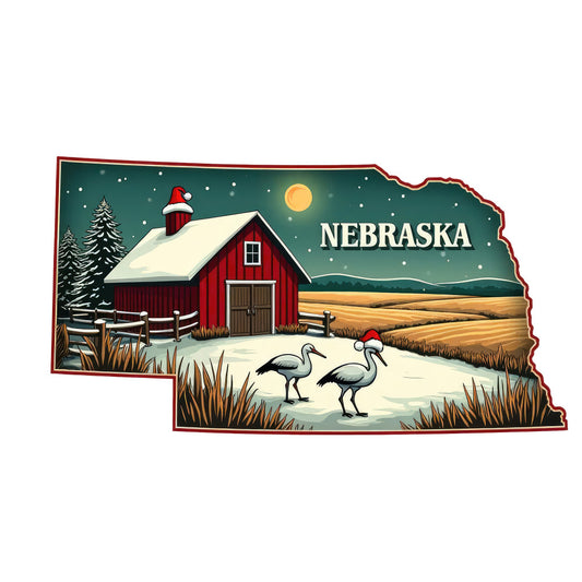 Christmas US States Fabric Panel 24 featuring Nebraska with a snowy barn, cranes wearing Santa hats, and a winter night scene.
