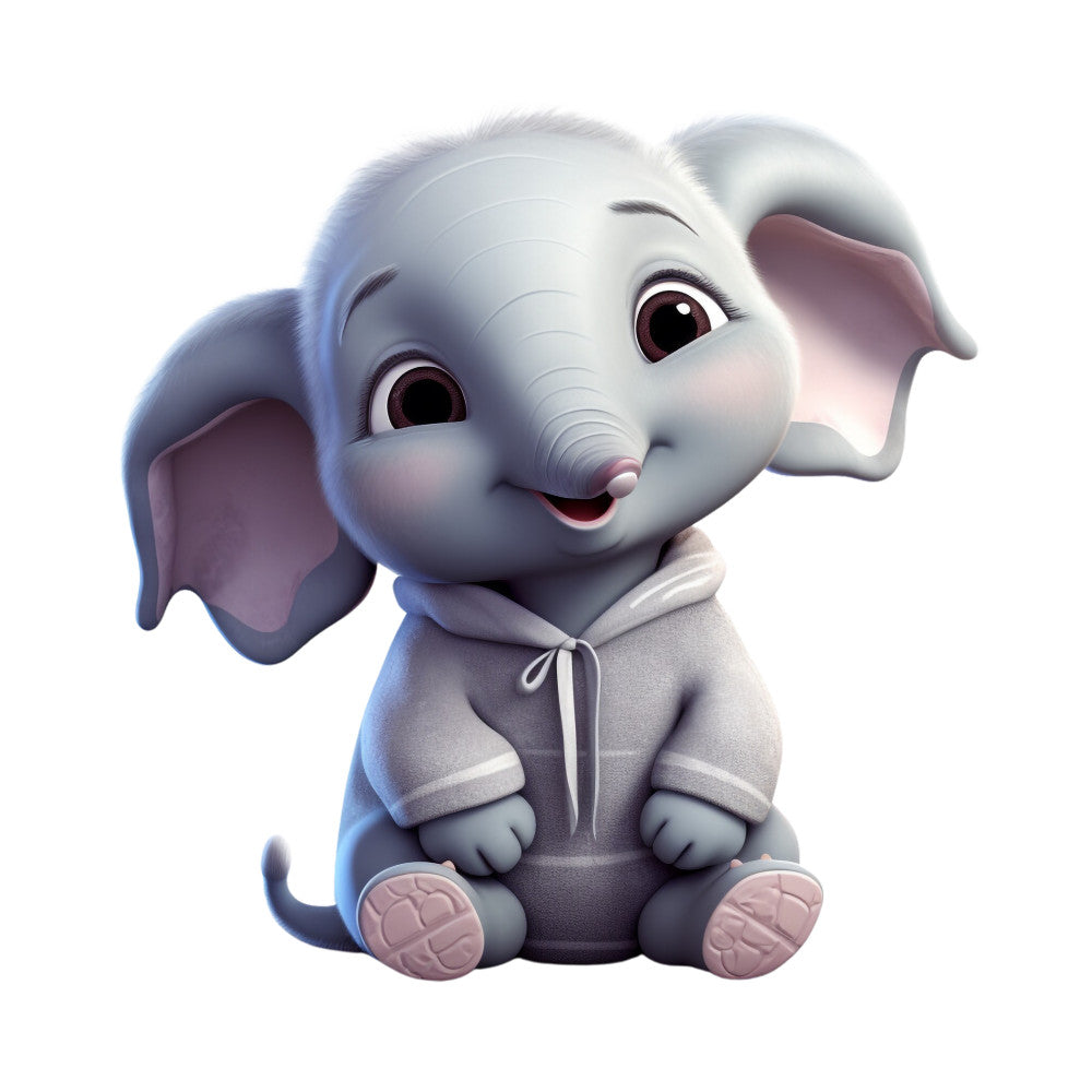 baby elephant, gray elephant, pink pajamas, hoodie, cute animal, nursery fabric, quilting panel, soft pastels, whimsical design, children's fabric, cartoon style, adorable character, fabric square, kawaii aesthetic, sleepwear theme, plush appearance, gentle expression, sitting pose, big ears, trunk