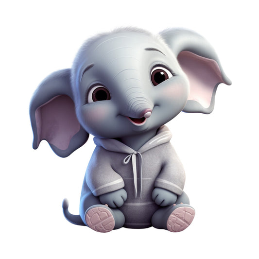 baby elephant, gray elephant, pink pajamas, hoodie, cute animal, nursery fabric, quilting panel, soft pastels, whimsical design, children's fabric, cartoon style, adorable character, fabric square, kawaii aesthetic, sleepwear theme, plush appearance, gentle expression, sitting pose, big ears, trunk