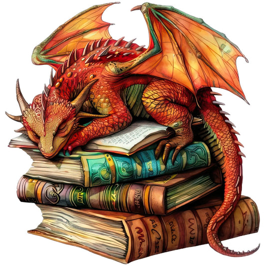 Dragon Sleeping on Books Fabric Panel 12 featuring a detailed red dragon resting atop a stack of colorful vintage books.
