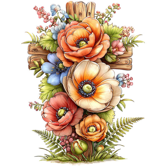 floral cross, fabric panel, orange flowers, coral blooms, blue petals, cream blossoms, wooden cross, rustic wood, green foliage, fern leaves, berry clusters, watercolor style, botanical illustration, quilting cotton, spring flowers, pastoral design, nature motif, soft pastels, decorative panel, christian symbolism