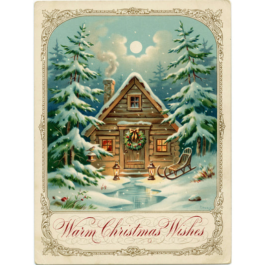 winter, christmas, holiday, snow, snowy landscape, cabin, log cabin, cottage, moonlight, night sky, evergreen trees, pine trees, forest, rustic, vintage, nostalgic, traditional, cream, ivory, forest green, deep blue, sky blue, warm gold, wood tones, lanterns, wreath, sleigh, peaceful, cozy, celestial