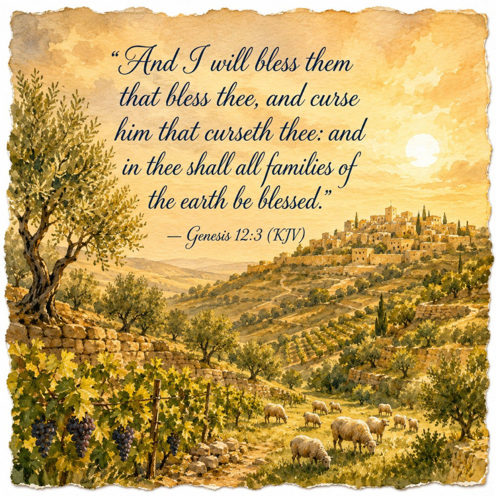 biblical, genesis 12:3, scripture, religious, inspirational, golden yellow, cream, tan, olive green, sage green, warm earth tones, landscape, vineyard, pastoral, sheep, olive trees, walled city, countryside, nature, farmland, harvest, rustic, traditional, elegant, vintage, toile, animals, spiritual, faith-based, timeless