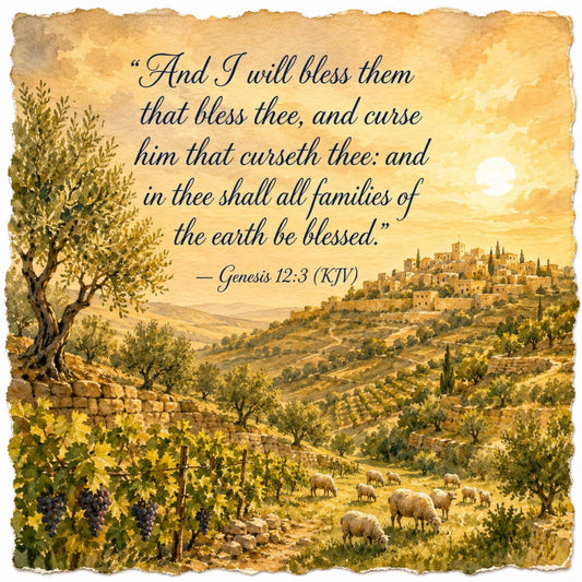 biblical, genesis 12:3, scripture, religious, inspirational, golden yellow, cream, tan, olive green, sage green, warm earth tones, landscape, vineyard, pastoral, sheep, olive trees, walled city, countryside, nature, farmland, harvest, rustic, traditional, elegant, vintage, toile, animals, spiritual, faith-based, timeless