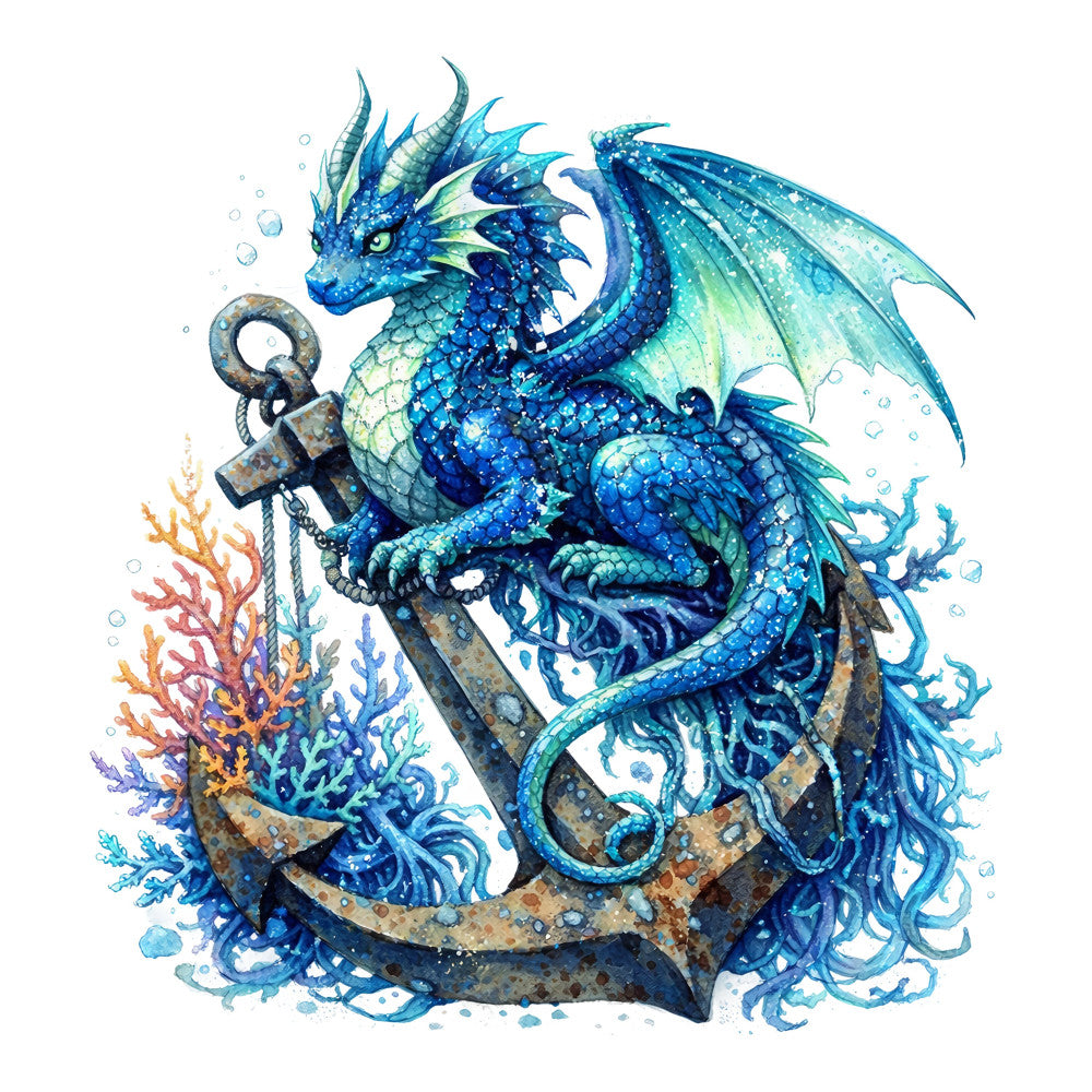 ocean blue, sea dragon, teal, navy blue, turquoise, aquamarine, coral, gold accents, iridescent, nautical, fantasy, mythical, dragon, sea creature, anchor, underwater, marine, celestial, whimsical, elegant, magical, scales, wings, water elements, bubbles, seaweed, coastal, adventure, wall hanging, home decor