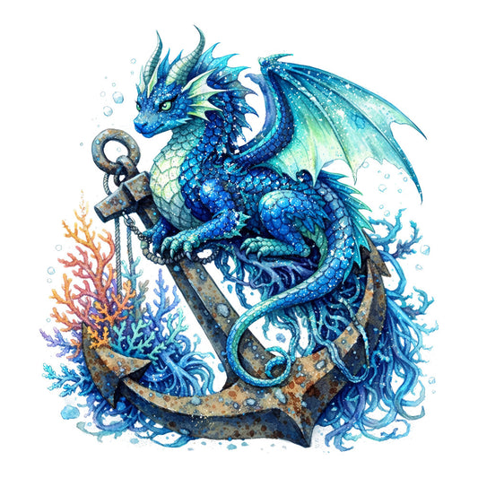 ocean blue, sea dragon, teal, navy blue, turquoise, aquamarine, coral, gold accents, iridescent, nautical, fantasy, mythical, dragon, sea creature, anchor, underwater, marine, celestial, whimsical, elegant, magical, scales, wings, water elements, bubbles, seaweed, coastal, adventure, wall hanging, home decor