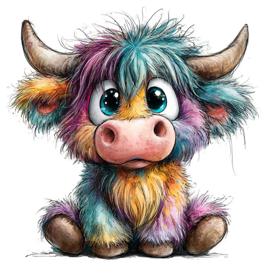 turquoise, purple, teal, golden yellow, coral pink, multicolor, whimsical, cute animals, highland cattle, highland cow, bull, horns, colorful, playful, children's, nursery, baby, illustration style, artistic, modern, fantastical, cartoon, expressive eyes, quirky, fun, adorable, creative, vibrant, contemporary