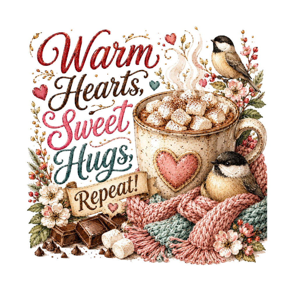 warm hearts, sweet hugs, repeat, dusty rose, cream, chocolate brown, sage green, floral, birds, chickadees, hot chocolate, marshmallows, cozy, rustic, vintage, whimsical, hearts, flowers, knitted texture, winter, autumn, farmhouse, nature, woodland, chocolate pieces, decorative text, inspirational, comfort theme, hygge style, seasonal