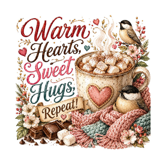 warm hearts, sweet hugs, repeat, dusty rose, cream, chocolate brown, sage green, floral, birds, chickadees, hot chocolate, marshmallows, cozy, rustic, vintage, whimsical, hearts, flowers, knitted texture, winter, autumn, farmhouse, nature, woodland, chocolate pieces, decorative text, inspirational, comfort theme, hygge style, seasonal