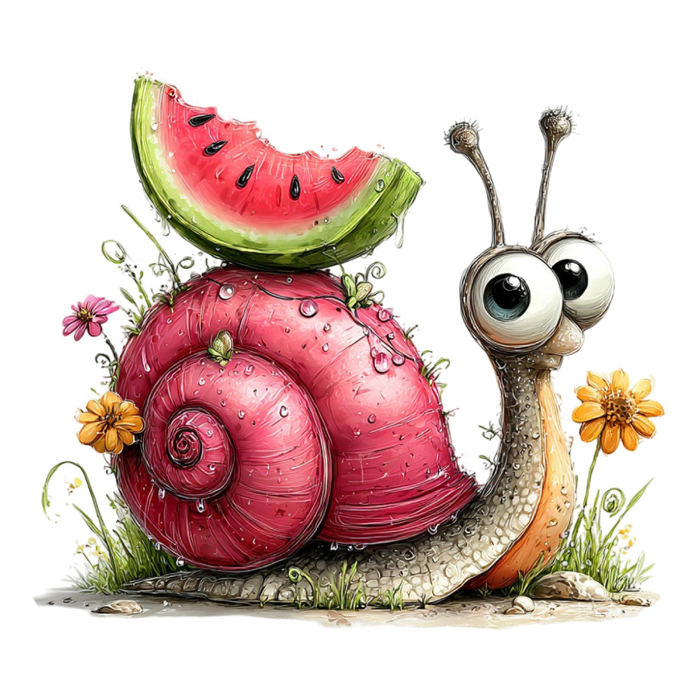 watermelon, snail, whimsical, nature, garden, animals, insects, bright pink, coral pink, lime green, sage green, yellow, orange, floral, flowers, daisies, spring, summer, children's, cute, playful, illustration, stacked, food, fruits, botanical, outdoor, whimsy, eye-catching, vibrant colors