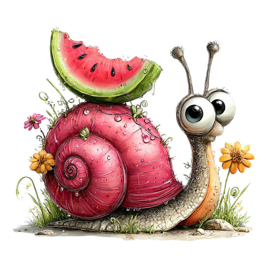 watermelon, snail, whimsical, nature, garden, animals, insects, bright pink, coral pink, lime green, sage green, yellow, orange, floral, flowers, daisies, spring, summer, children's, cute, playful, illustration, stacked, food, fruits, botanical, outdoor, whimsy, eye-catching, vibrant colors