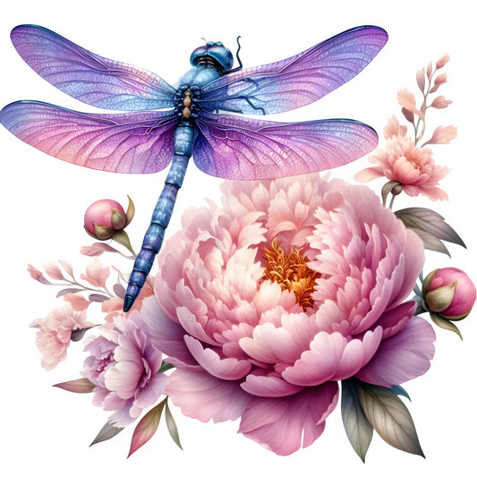 purple dragonfly, pink peony, blue dragonfly, floral, nature, botanical, insects, garden, spring, summer, elegance, whimsical, romantic, soft pink, mauve, lavender, dusty blue, coral center, detailed wings, delicate, graceful, vintage botanical, nature illustration, peaceful, tranquil, wall hanging, home decor, statement panel
