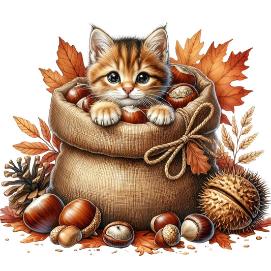autumn cat, fall leaves, kitten, woodland animals, orange, cream, tan, brown, rust, acorn, chestnut, cozy, whimsical, rustic, harvest, seasonal, thanksgiving, nature-inspired, adorable, cute, playful, forest creatures, autumn harvest, warm tones, wall hanging, baby quilt, children's fabric, sweet, charming, festive fall