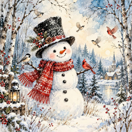 winter snowman, christmas holiday, snow scene, cardinal birds, red scarf, top hat, winter forest, birch trees, red berries, festive, traditional, whimsical, nostalgic, vintage, winter landscape, snowy village, church steeple, lantern, cream white, navy blue, forest green, cardinal red, rust red, seasonal winter, christmas decor, holiday panel, wall hanging, decorative fabric, enchanted forest, winter cardinal