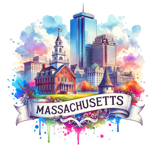 US States Retro Travel Fabric Panel 40 featuring Massachusetts cityscape and landmarks printed on premium quilting cotton fabric.