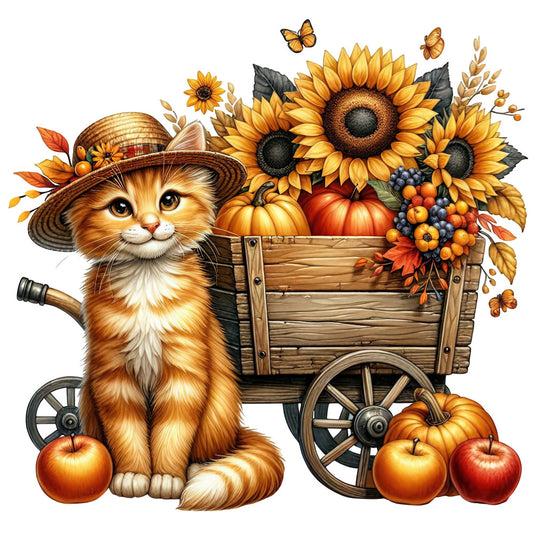 autumn, fall, sunflowers, cat, kitten, orange, gold, golden yellow, rust, deep red, cream, brown, rustic, farmhouse, harvest, apples, pumpkins, wagon, wooden cart, butterflies, leaves, floral, nature, whimsical, vintage, country, seasonal, thanksgiving, folk art, cottage style