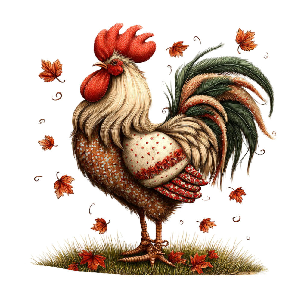 rooster, autumn, fall, thanksgiving, harvest, farmhouse, rustic, whimsical, country, maple leaves, burnt orange, cream, forest green, rust red, brown, folk art, traditional, vintage, pastoral, farm animals, poultry, seasonal, nature, leaf motifs, cozy, warm tones, cottage core, decorative, illustration art