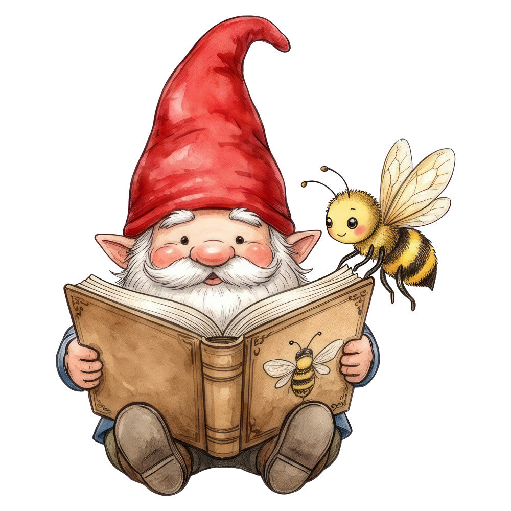 gnome, garden gnome, bee, honey bee, storybook, whimsical, fantasy, children's, kids, red, cream, golden yellow, black stripes, brown, vintage, fairy tale, magical, book, reading, nature, insects, garden, spring, summer, charming, adorable, playful, illustration, storybook panel, whimsy