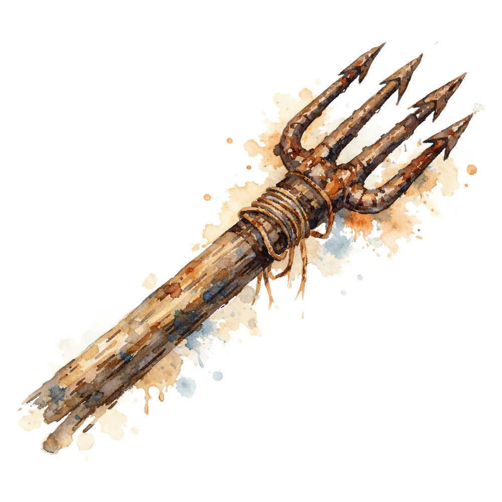 trident, poseidon, mythology, bronze, copper, tan, beige, cream, rust orange, watercolor, abstract, splatter, goddess, greek mythology, ocean, nautical, fantasy, weapon, historic, vintage, rustic, earthy tones, artistic, wall hanging, home decor, celestial theme, warrior, ancient, metallic effect