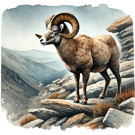 bighorn sheep, mountain landscape, rocky terrain, watercolor style, brown tones, tan colors, gray hues, blue sky, curved horns, wildlife art, nature scene, fabric panel, quilting cotton, outdoor theme, rugged mountains, animal portrait, earth tones, scenic vista, wildlife fabric, mountain goat