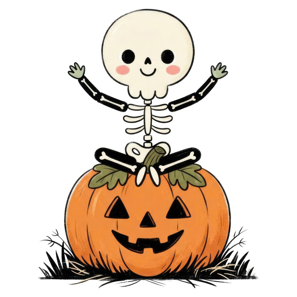 halloween, skeleton, jack-o-lantern, pumpkin, spooky, cute, whimsical, autumn, fall, orange, cream, black, green, holiday, festive, bones, smiling face, cheerful, playful, trick-or-treat, october, costume, decorative, seasonal, kids, children, fun, bright, friendly, happy skeleton