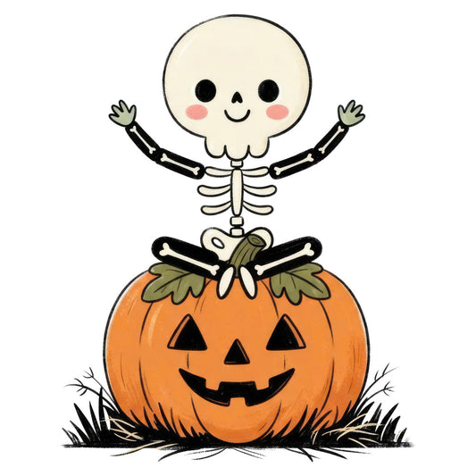 halloween, skeleton, jack-o-lantern, pumpkin, spooky, cute, whimsical, autumn, fall, orange, cream, black, green, holiday, festive, bones, smiling face, cheerful, playful, trick-or-treat, october, costume, decorative, seasonal, kids, children, fun, bright, friendly, happy skeleton