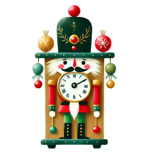 nutcracker, christmas, holiday, winter, traditional, whimsical, festive, forest green, red, gold, cream, white, ornaments, baubles, clock, mustache, soldier, vintage, nostalgic, classic, decoration, seasonal, red and green, decorative motifs, festive cheer, yuletide, jolly, toy soldier, timeless, retro holiday