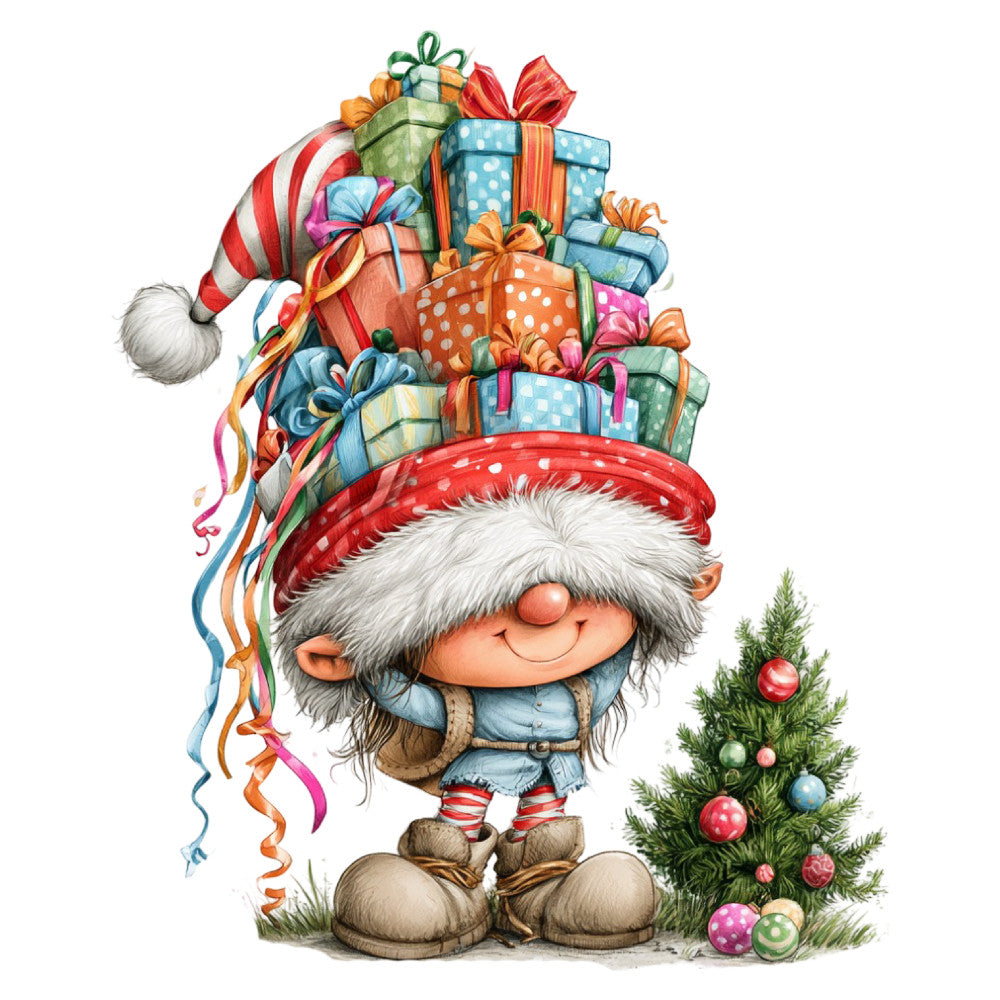 gnome, santa, christmas, holiday, festive, whimsical, red and white striped, colorful gifts, presents, christmas tree, ornaments, jolly, cheerful, winter, red, white, blue, orange, green, pink, rustic, folk art, vintage, traditional, cheerful santa, gift-themed, decorative panel, seasonal, candy cane striped, playful