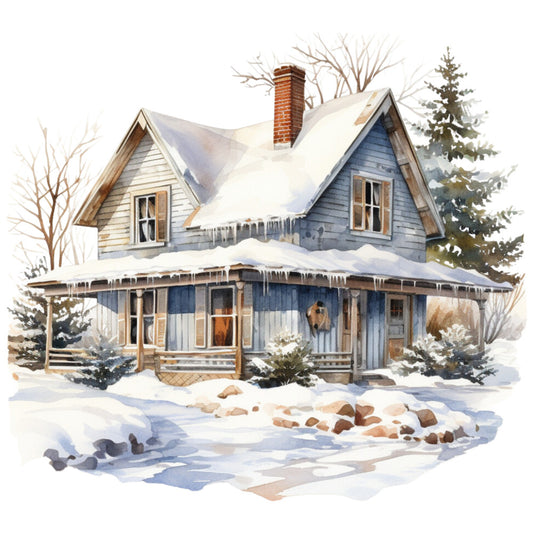 Watercolor Winter Houses Fabric Panel 38