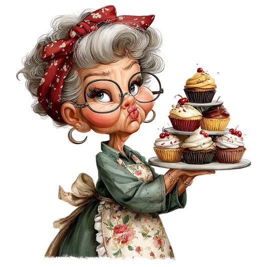 vintage grandmother, retro kitchen, whimsical character, cute grandma, sage green, cream, red floral, rose print, nostalgic, 1950s style, apron theme, baking, cupcakes, cherries, floral print, traditional, sweet, homespun, country kitchen, grandmotherly, charming character, pastry, dessert theme, heartwarming, folk art style, vintage apron, domestic bliss, cozy cottage, keepsake panel
