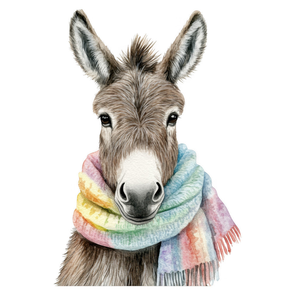 donkey, whimsical, animals, pastel rainbow, soft colors, children's fabric, baby, nursery, cute animals, watercolor, illustration, portrait, rainbow stripes, multicolor, pink, blue, yellow, green, gentle, sweet, playful, modern, farmyard, countryside, adorable, charming, neutral tones, wall hanging, baby quilt