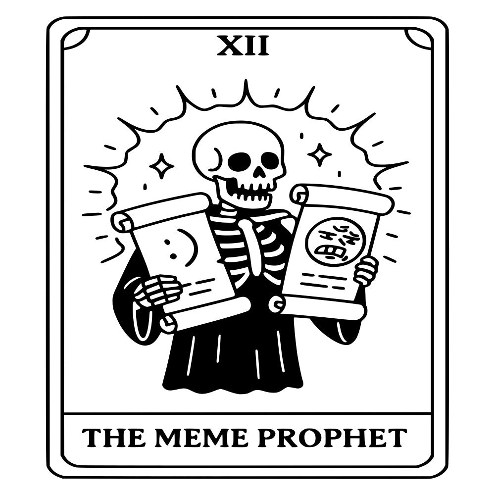 skeleton, tarot card, the prophet, grim reaper, death, gothic, occult, mystical, black and white, monochrome, spooky, dark humor, meme, whimsical, dark whimsical, alternative, edgy, humorous, moon and stars, celestial, scrolls, robes, bones, skull, witchy, halloween, dark aesthetic, contemporary, novelty, pop culture