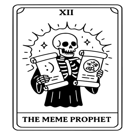 skeleton, tarot card, the prophet, grim reaper, death, gothic, occult, mystical, black and white, monochrome, spooky, dark humor, meme, whimsical, dark whimsical, alternative, edgy, humorous, moon and stars, celestial, scrolls, robes, bones, skull, witchy, halloween, dark aesthetic, contemporary, novelty, pop culture