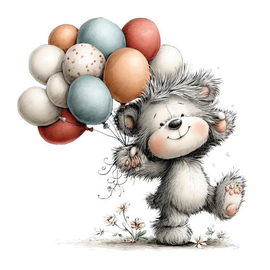 hedgehog, cute animals, whimsical, balloons, pastel colors, cream, soft blue, dusty rose, tan, brown, children's, baby, nursery, storybook illustration, woodland creatures, gentle, sweet, soft colors, playful, celebratory, friendship, joy, springtime, nature, flowers, daisies, contemporary illustration, character panel, gender neutral, delightful
